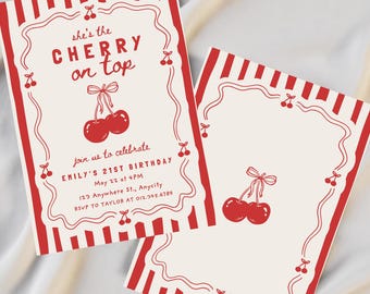 Cherry On Top Birthday Invitation, Red Bow Coquette, Retro Striped Invite, Editable Canva Template