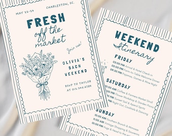 Fresh Off The Market Bachelorette Invitation & Itinerary, Farmers Market Bach Invite, Editable Canva Template