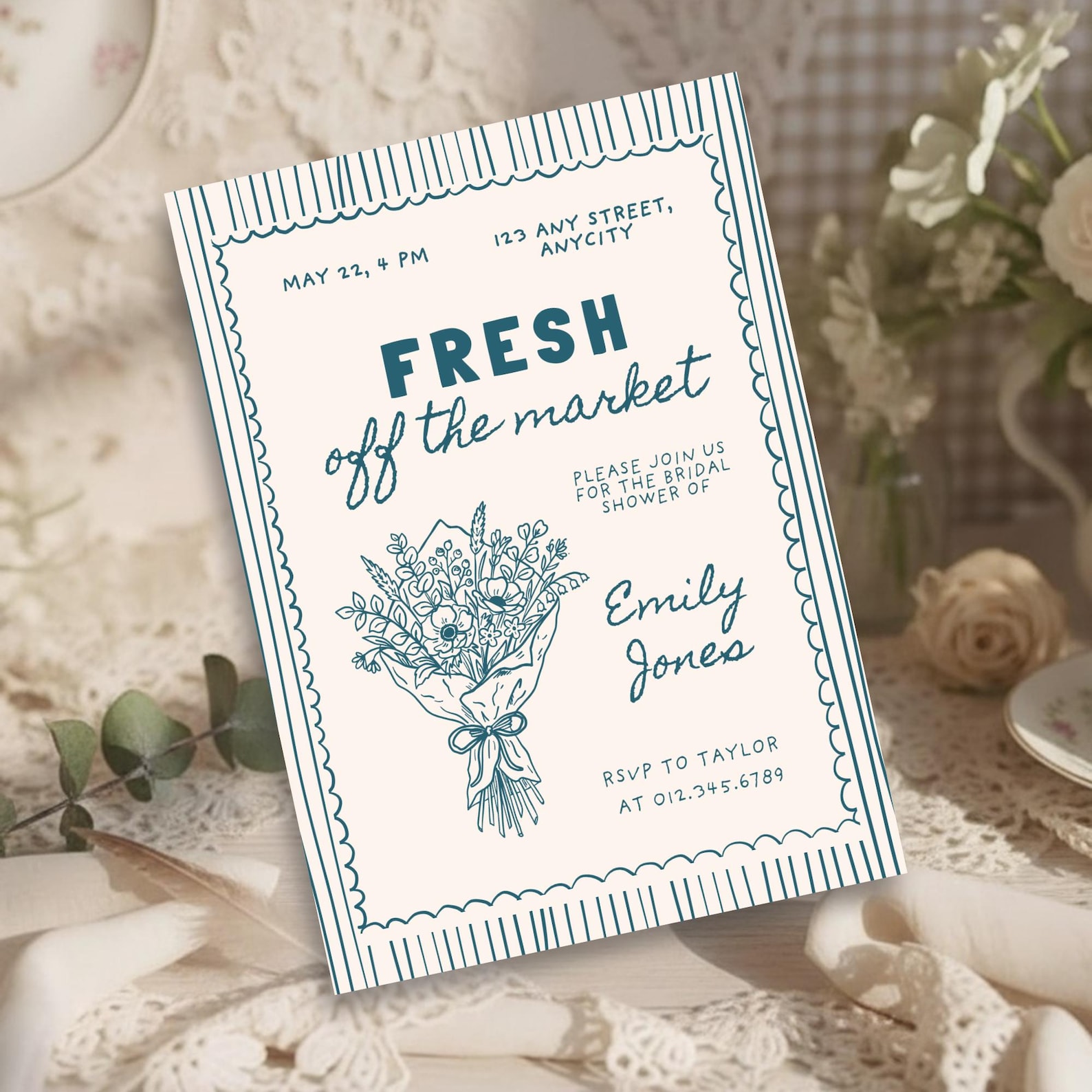 Fresh Off The Market Bridal Shower Invitation, Farmer's Market Garden Party Invite, Editable Canva Template