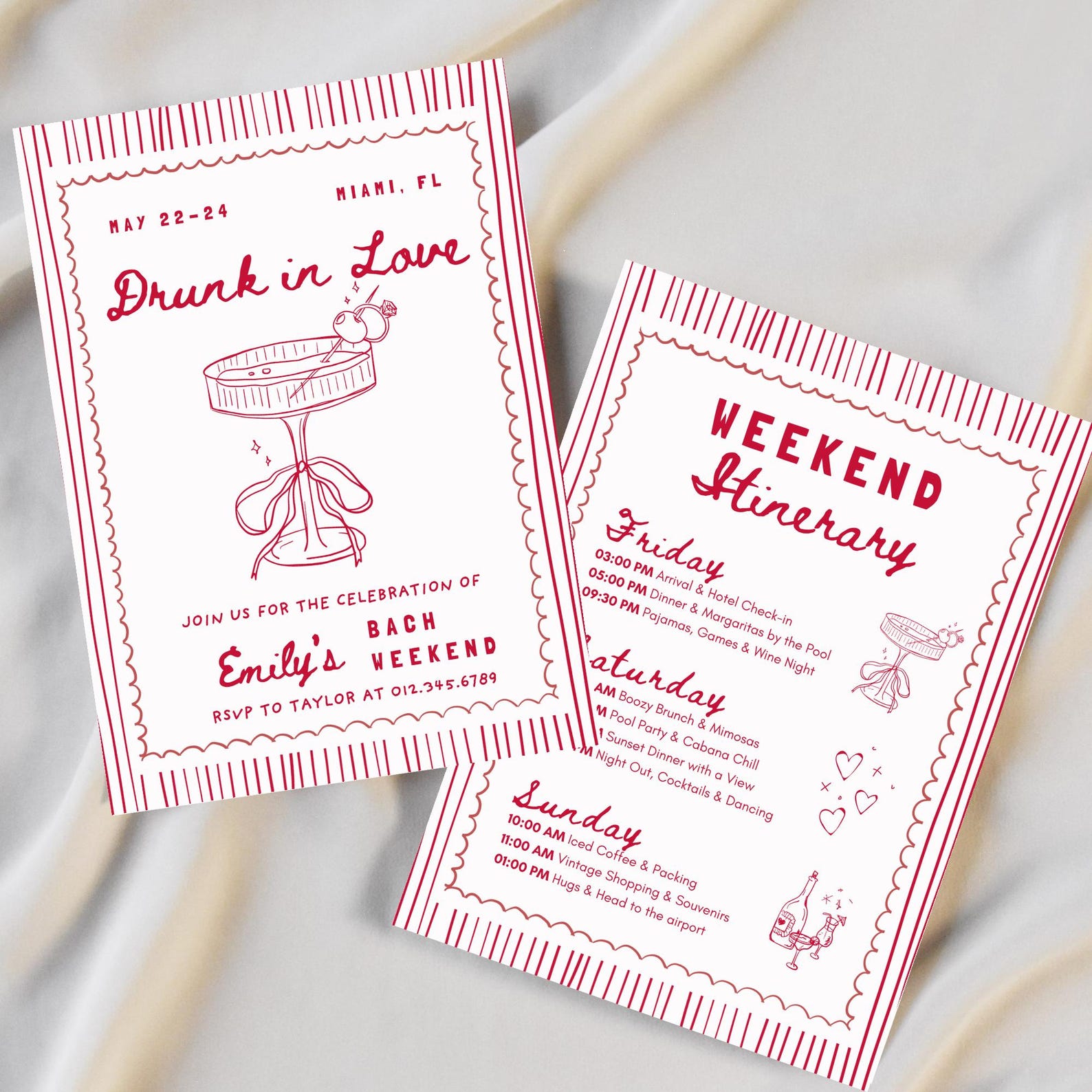 Drunk in Love Bachelorette Invitation & Weekend Itinerary, Cocktail Bow Bridal Party, Editable Canva Template