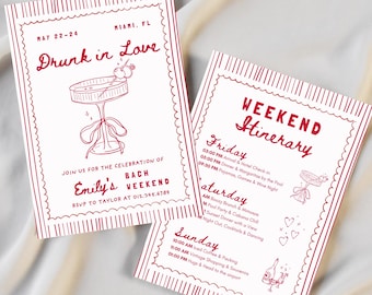 Drunk in Love Bachelorette Invitation & Weekend Itinerary, Cocktail Bow Bridal Party, Editable Canva Template