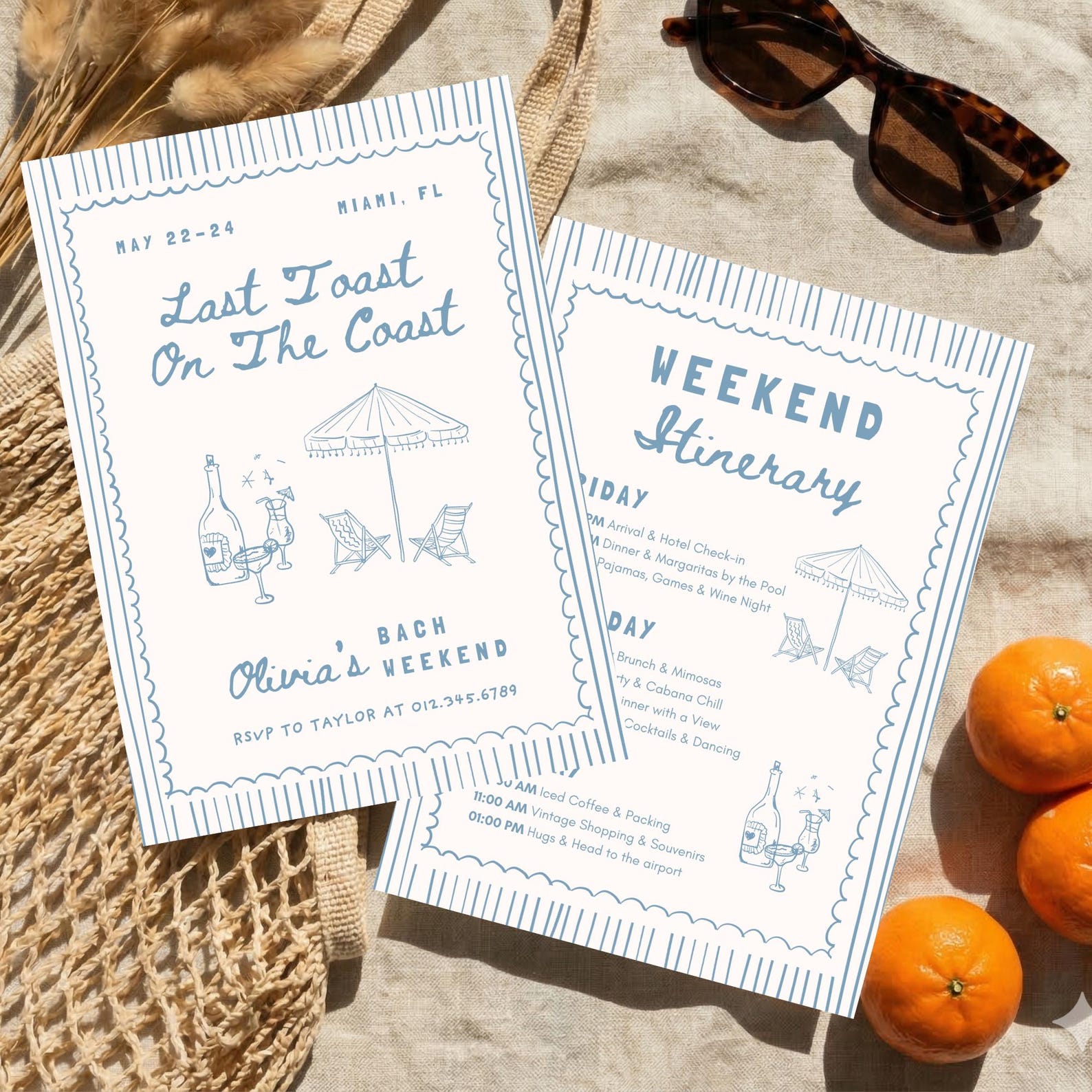 Last Toast On The Coast Bachelorette Invitation & Itinerary, Miami Beach Cocktail Party, Editable Canva Template