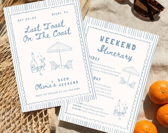 Last Toast On The Coast Bachelorette Invitation & Itinerary, Miami Beach Cocktail Party, Editable Canva Template
