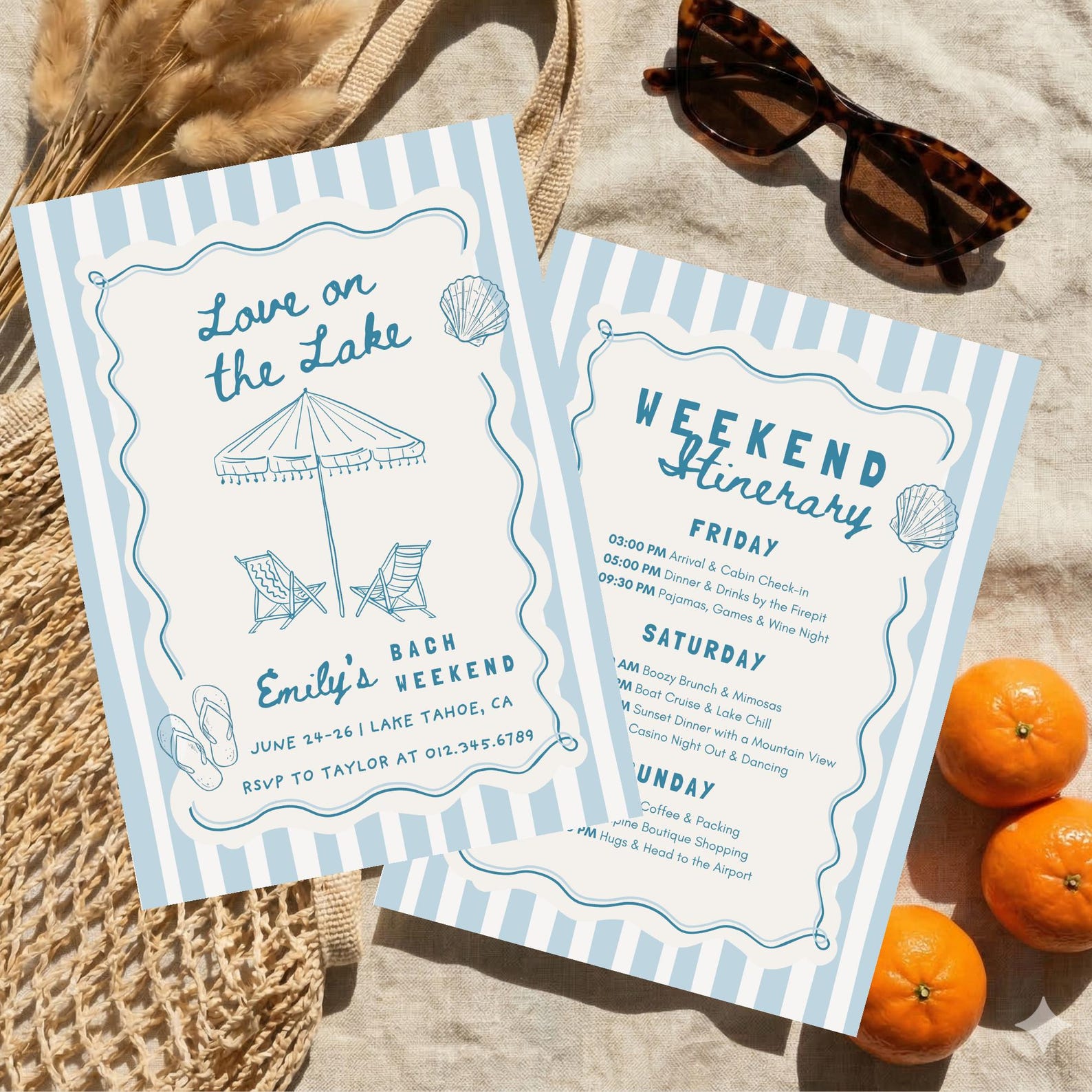 Love on the Lake Bachelorette Invitation & Weekend Itinerary, Coastal Lake Tahoe Bach, Editable Canva Template