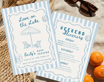 Love on the Lake Bachelorette Invitation & Weekend Itinerary, Coastal Lake Tahoe Bach, Editable Canva Template