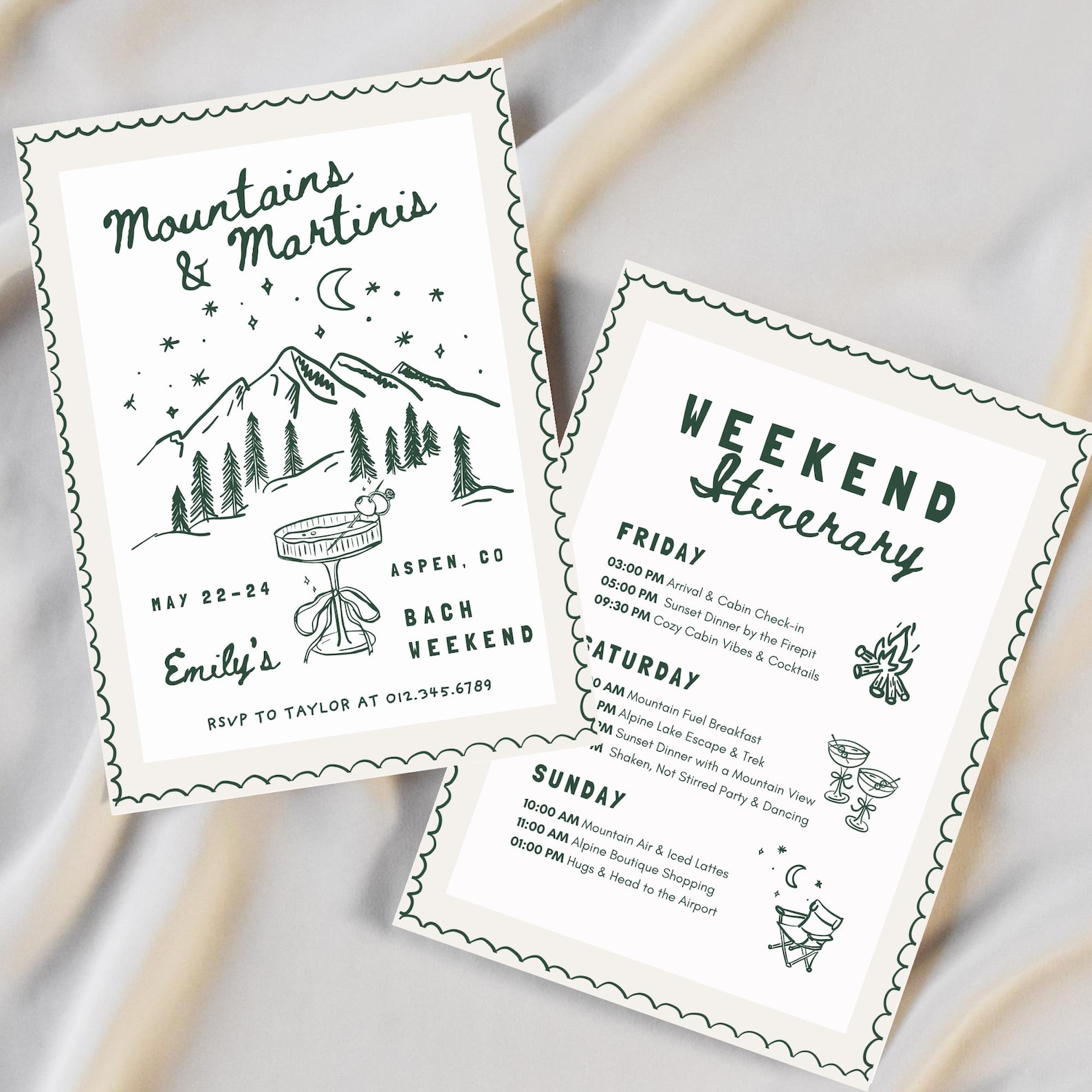 Mountains & Martinis Bachelorette Invitation and Weekend Itinerary, Cabin Bach Party Invite, Editable Canva Template