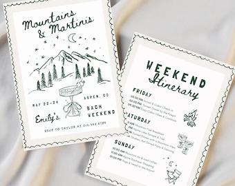 Mountains & Martinis Bachelorette Invitation and Weekend Itinerary, Cabin Bach Party Invite, Editable Canva Template