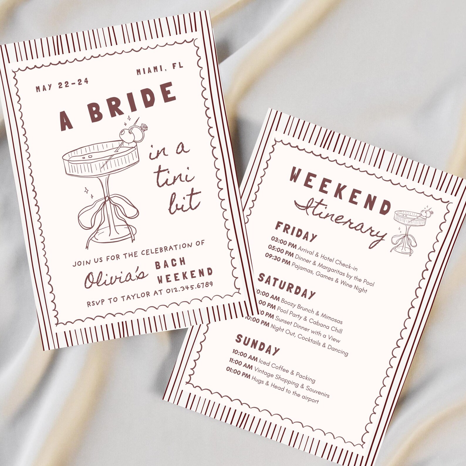 Bride in a Tini Bit Bachelorette Invitation & Weekend Itinerary, Espresso Martini Cocktail, Editable Canva Template