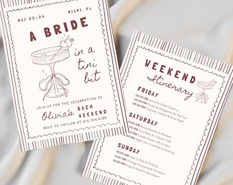 Bride in a Tini Bit Bachelorette Invitation & Weekend Itinerary, Espresso Martini Cocktail, Editable Canva Template
