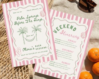 Palm Springs Before The Rings Invitation & Weekend Itinerary, Beach Stripes Retro Bach, Editable Canva Template