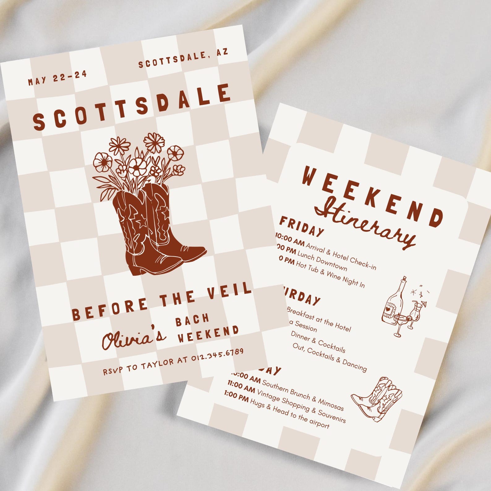 Scottsdale Bachelorette Invite & Itinerary, Desert Flower Cowgirl Boots Weekend Schedule, Editable Canva Template