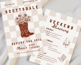 Scottsdale Bachelorette Invite & Itinerary, Desert Flower Cowgirl Boots Weekend Schedule, Editable Canva Template