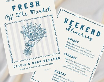 Fresh Off The Market Bachelorette Invitation & Weekend Itinerary, Flower Farmer's Market Bach, Editable Canva Template