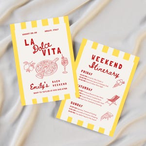 May include: Two rectangular invitation cards with yellow and white vertical stripes on the edges. The cards feature red text and line drawings of lemons, pizza, a cocktail, an ice cream cone, and a beach chair, detailing a weekend itinerary.