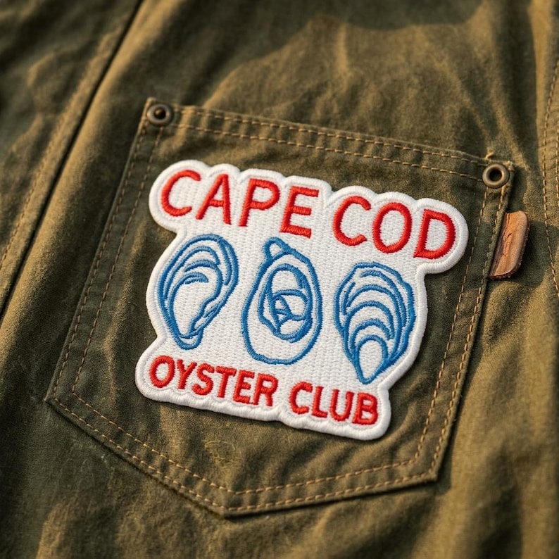 Cape Cod Oyster Club Embroidered Patch, Coastal Seafood Iron-On Badge, Ocean Souvenir Decal image 2
