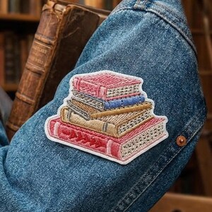 Book Stack Embroidered Patch – Librarian Reader Applique for Jackets, Bags