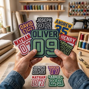 May include: A collection of embroidered fabric patches featuring various names and numbers in a varsity-style font. The patches display names such as Oliver, Joseph, David, Andrew, Nathan, Henry, and Gabriel, paired with two-digit numbers.