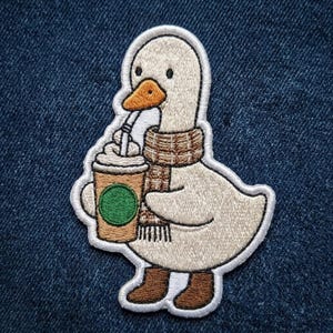 Cute Winter Duck Iron On Patch - Duckling with Scarf and Coffee Embroidered Badge - Autumn Aesthetic Animal for Jackets, Tote Bags, Hats