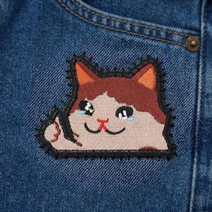Crying Cat Thumbs Up Iron On Patch – Funny Meme Embroidered Badge Applique