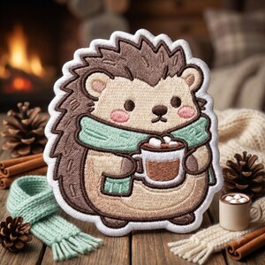 May include: An embroidered patch featuring a cartoon hedgehog with brown quills and a cream-colored face, wearing a light green scarf and holding a white mug filled with a brown beverage topped with white marshmallows, outlined in white thread.