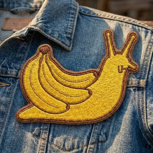 May include: An embroidered patch featuring a yellow slug with a body shaped like a cluster of bananas. The design has a dark brown stitched border, two long antennae, and a small mouth detail, all set against a blue denim fabric background.