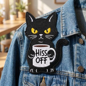 May include: An embroidered patch featuring a black cat with yellow eyes holding a white coffee mug. The mug has the text Hiss Off printed in black letters. The patch is attached to a blue denim jacket with visible metal buttons and stitching.