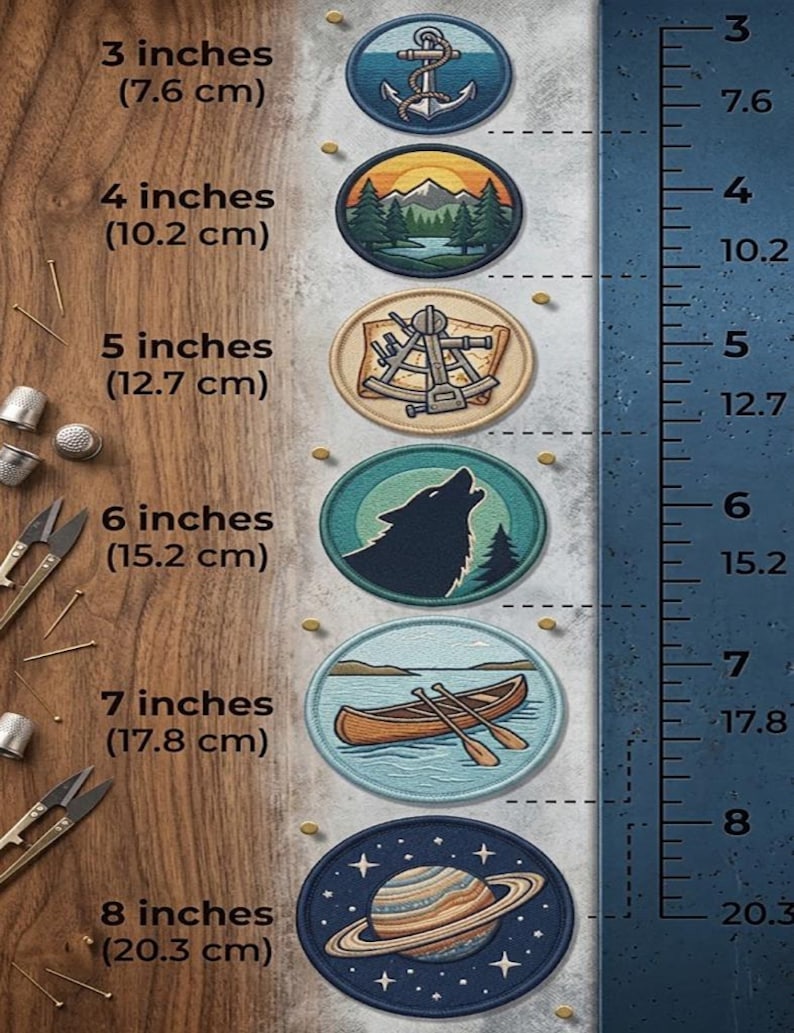 May include: A collection of embroidered patches, each with a unique design. The patches range from 3 to 8 inches in diameter. Designs include an anchor, mountain scene, nautical instrument, howling wolf, canoe, and a planet with rings.