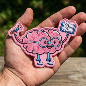 May include: An embroidered patch featuring a pink cartoon brain character with light blue glasses, arms, and legs. The character holds a yellow and blue pencil in one hand and an open blue book in the other, wearing white shoes with blue accents.