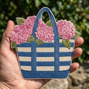 Hydrangea Tote Bag Embroidered Patch, Floral Iron on Patch for Jackets, Cute Flower Embroidered Badge, Summer Beach Bag Patch