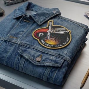 May include: A blue denim jacket with a patch that reads "PROJECT HAIL MARY". The patch features a red and gold design with the letter "P" and a depiction of a rocket. The jacket has two front pockets and a button closure.