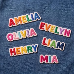 May include: A collection of six embroidered name patches featuring the names AMELIA, EVELYN, OLIVIA, LIAM, HENRY, and MIA. Each letter is rendered in a vibrant, multi-colored block style with a white border, designed for application onto fabric.