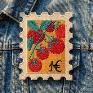May include: A rectangular embroidered patch shaped like a postage stamp with a cream-colored border. The design features red tomatoes on green vines against a yellow background, with the black text 1€ printed in the bottom right corner.