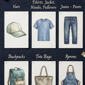 May include: Illustration showing where to use patches. Includes drawings of a hat, t-shirt, jeans, backpack, tote bag, and apron. Text at the top says "WHERE TO USE YOUR PATCH?"