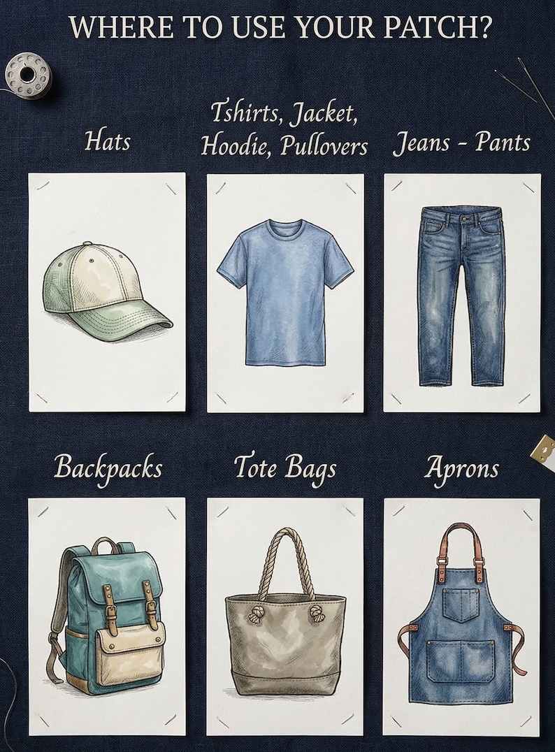 May include: Illustration showing where to use patches. Includes drawings of a hat, t-shirt, jeans, backpack, tote bag, and apron. Text at the top says "WHERE TO USE YOUR PATCH?"