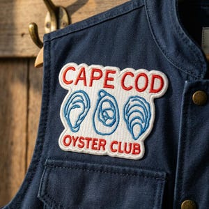 May include: Close-up of a navy blue vest with a "Cape Cod Oyster Club" patch. The patch features red text and blue oyster illustrations on a white background. The vest has two pockets and gold-colored buttons.