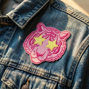 May include: An embroidered patch featuring a pink tiger head with yellow star-shaped eyes, attached to a blue denim jacket. The tiger design includes darker pink stripes and a stitched border, showcasing a detailed textile craft application.