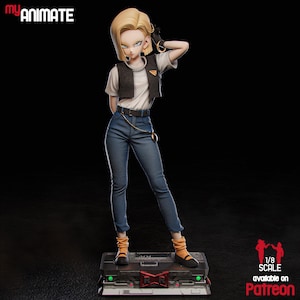 May include: A detailed figurine of Android 18 from Dragon Ball Z. The figure is wearing a white shirt, dark vest, blue jeans, and orange and black shoes. The figure is standing on a black and red base. The words "my animate" are in the top left corner.