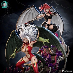 Könnte beinhalten: Ein detailliertes Fantasy-Figurenset mit zwei geflügelten Charakteren. Eine Figur hat langes weißes Haar, einen roten Body und grüne Flügel. Die andere hat rotes Haar, eine schwarze Rüstung und weiße Flügel. Beide sind dynamisch positioniert.