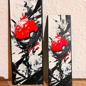 Könnte beinhalten: Zwei rechteckige Leinwandbilder mit einem stilisierten rot-schwarzen Kugelmuster. Das Kunstwerk verwendet eine kontrastreiche Palette aus Weiß, Schwarz und Grau mit kräftigen roten kreisförmigen Elementen, die einen abstrakten Effekt erzeugen.