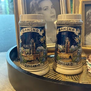 Vintage Style Bansko Clock Tower Beer Steins - Bulgarian Landmark Pottery Pair