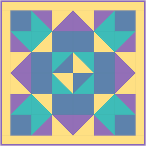 May include: Geometric quilt block design featuring squares, triangles, and diamonds in shades of blue, teal, purple, and yellow. The design is framed by a yellow border with a purple outline. The overall pattern is symmetrical.