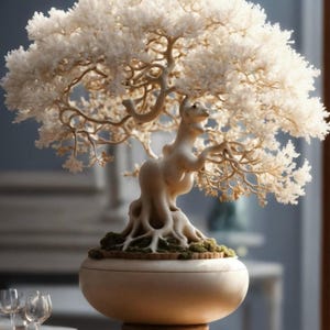 Pode incluir: Escultura decorativa de árvore bonsai com tronco e galhos creme, coberta por um dossel branco fofo. A árvore está em um vaso redondo branco sujo com uma base de madeira, criando uma exibição serena e artística.