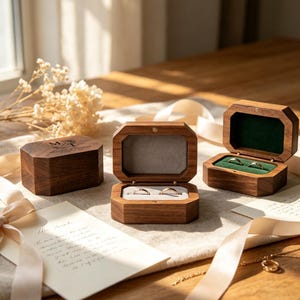 May include: Three wooden ring boxes are shown, two open and one closed. The open boxes display rings, one with a green velvet interior. The closed box has the initials "M/T" and the names "MELANIE & THOMAS" engraved on the top. The boxes are on a light-coloured surface.