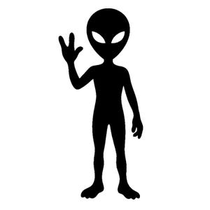May include: A black silhouette of an alien figure with a large head, oval eyes, and slender limbs. The alien is waving with one hand, giving a friendly greeting. The image is set against a plain white background.