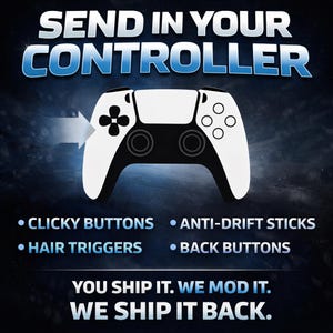 Puede incluir: Imagen publicitaria con el texto "SEND IN YOUR CONTROLLER" sobre un mando de videojuegos blanco y negro. La imagen destaca características como "CLICKY BUTTONS" y "ANTI-DRIFT STICKS". El texto "YOU SHIP IT. WE MOD IT. WE SHIP IT BACK." está en la parte inferior.