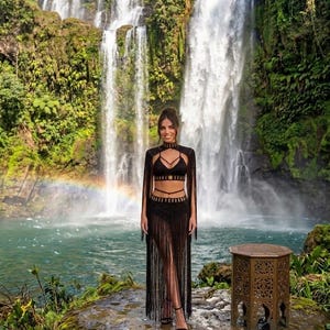 Può includere: Un completo nero con frange, composto da top e gonna abbinati, davanti a una cascata. L'outfit ha un collo halter e maniche lunghe con frange. Un tavolino ornato è sulla destra. Un arcobaleno è visibile sullo sfondo.