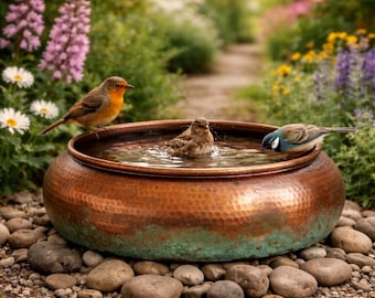 Bain d'oiseau en cuivre martelé à la main | Décoration de jardin patinée vieillie, fontaine marocaine sur piédestal