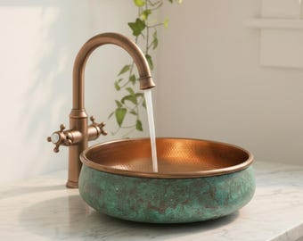Hammered Copper Vessel Sink – Green Patina Moroccan Bathroom Basin