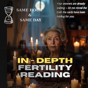 Può includere: Immagine di una donna anziana circondata da candele accese. Sovrapposizioni di testo che recitano "SAME HOUR & SAME DAY" e "IN-DEPTH FERTILITY READING". Lo sfondo include un'immagine sfocata di carte dei tarocchi.