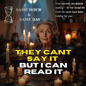 Könnte beinhalten: Ein Bild einer älteren Frau, umgeben von brennenden Kerzen, mit dem Text "SAME HOUR & SAME DAY" und "THEY CANT SAY IT BUT I CAN READ IT." Das Bild enthält auch den Text "Ihre Antworten warten bereits - lassen Sie mich die Wahrheit enthüllen, die die Karten für Sie bereithalten."